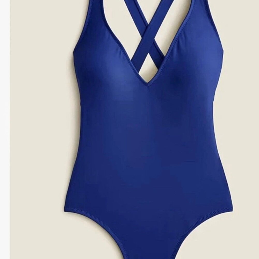 J. Crew Deep V Cross Back One-Piece Swimsuit Royal Blue Size 10 NWT